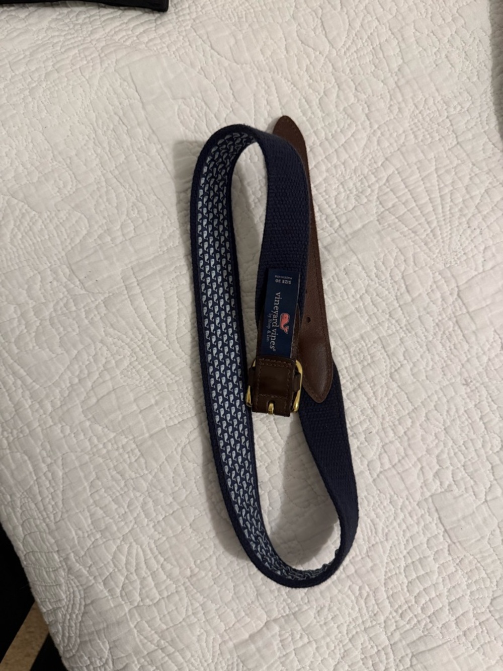 Vineyard Vines Navy Woven Web Belt with Brown Leather Trim
